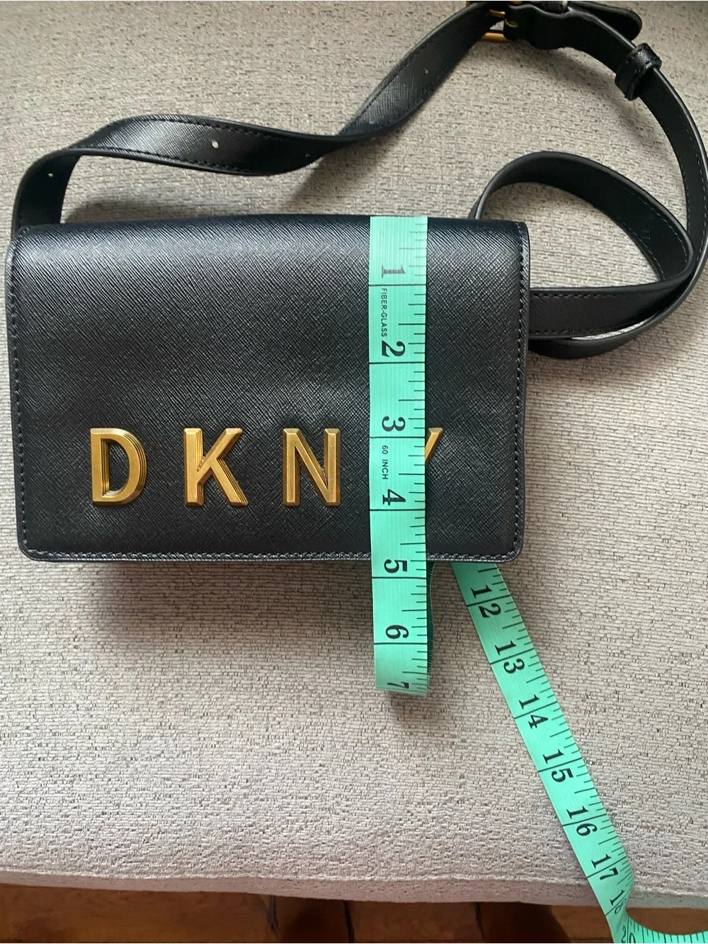 DKNY Black Leather Logo Belt Bag with Gold Hardware